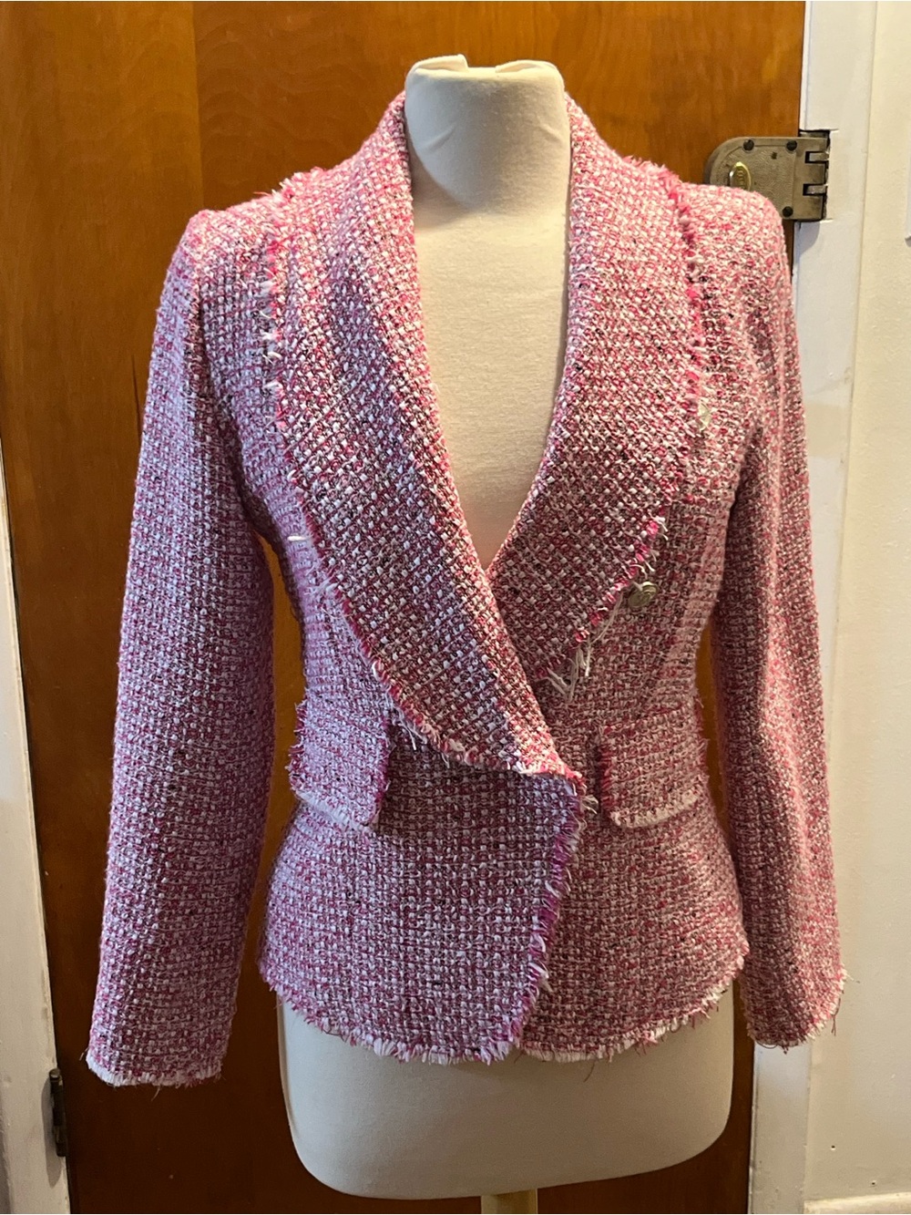 Aqua Pink Textured Tweed Double Breasted Blazer shawl collar frayed fringe trim